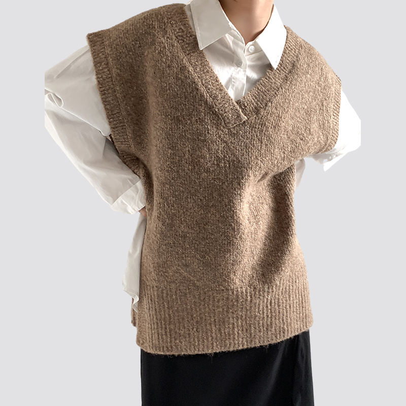 Tank Top Sweter Rajut Pullover Longgar Khaki Kerah V Wanita